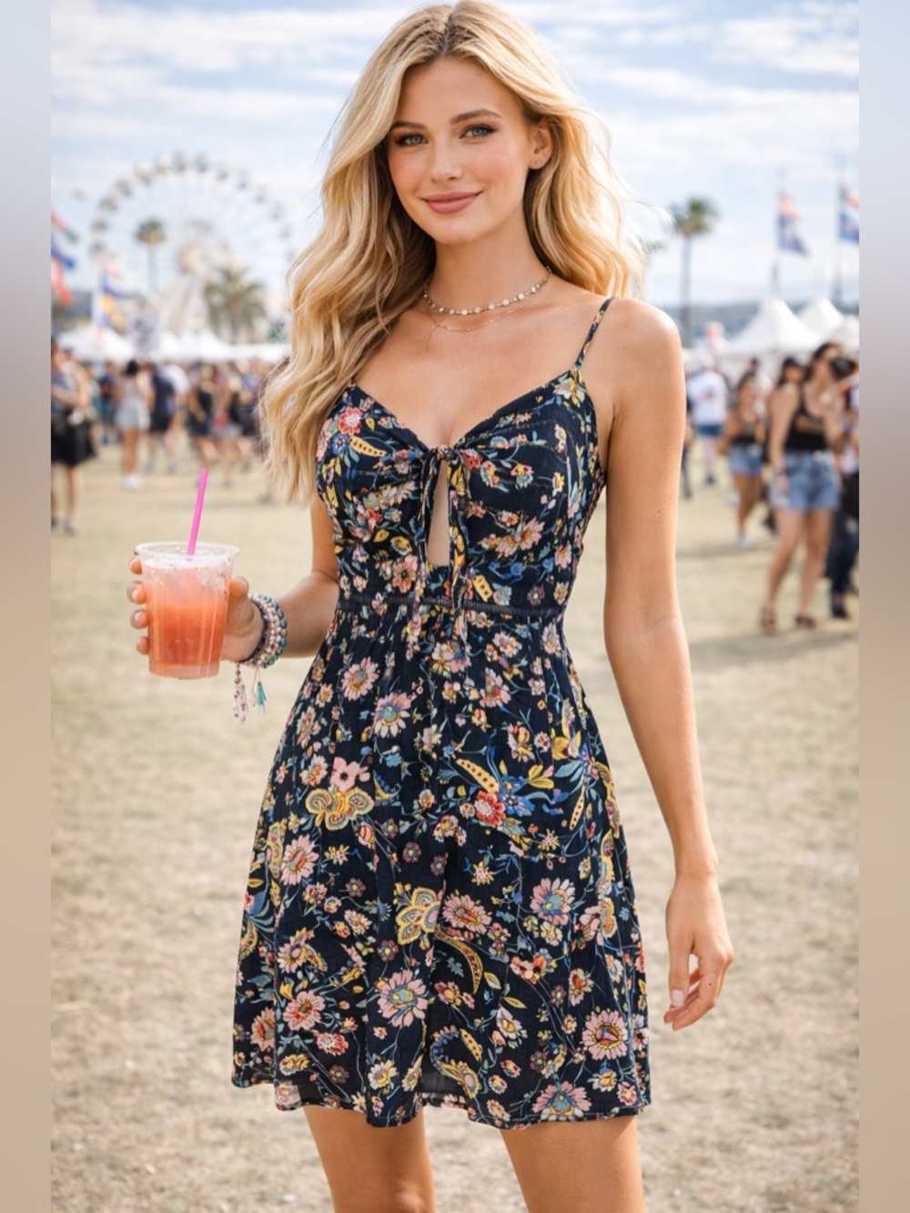 Amiani Floral Mini Dress Tie Front Boho Festival Sundress M Summer Ditsy Girly